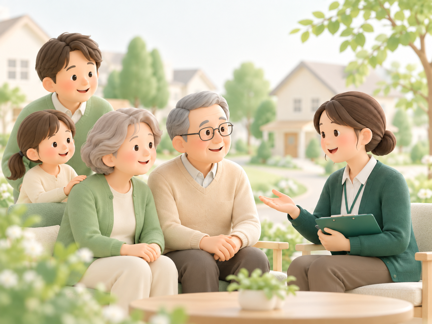高齢者と家族が地域の相談員に暮らしについて相談しているイメージ