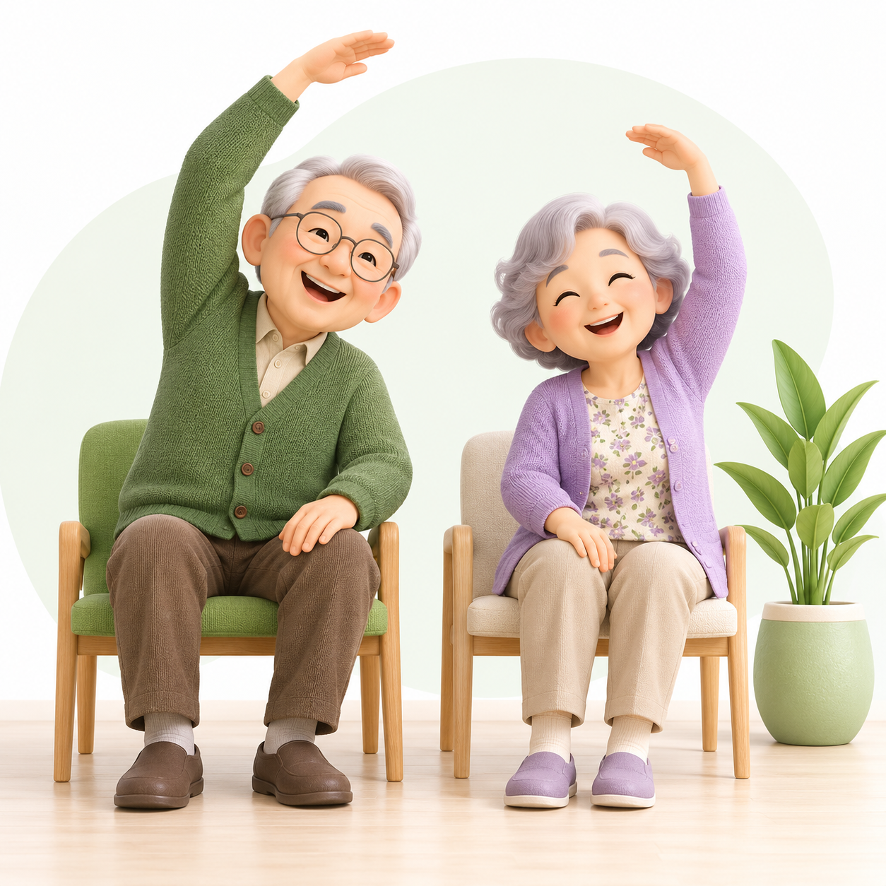 笑顔で仲良くシニアストレッチ:椅子に座って体操する高齢の男女の3Dイラスト
